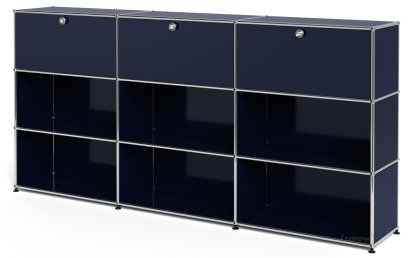 USM Haller Highboard XL, Customizable, Steel blue RAL 5011, With 3 drop-down doors, Open, Open