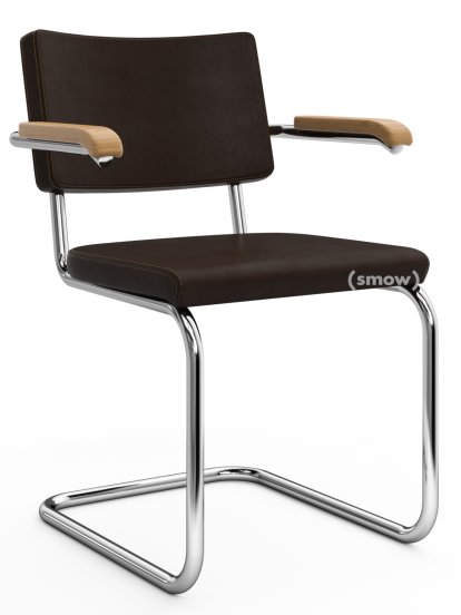 S 64 PV Pure Materials Cantilever Chair, Nappa Leather dark brown, Oak, Chrome-plated, Black plastic glides with felt