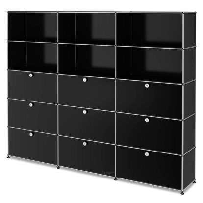 USM Haller Storage Unit XL, Customizable, Graphite black RAL 9011, Open, With 3 drop-down doors, With 3 drop-down doors, With 3 extension doors
