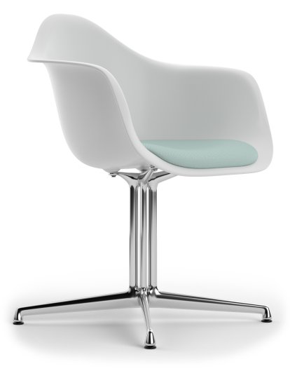 Eames Plastic Armchair DAL, Cotton white, With seat upholstery, Ice blue / ivory, Aluminium polished, New seat height (43,0 cm)