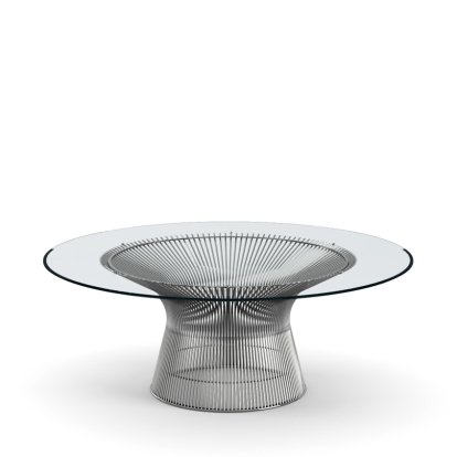 Platner Coffee Table, Large (diameter 107 cm), Polished nickel, Clear glass