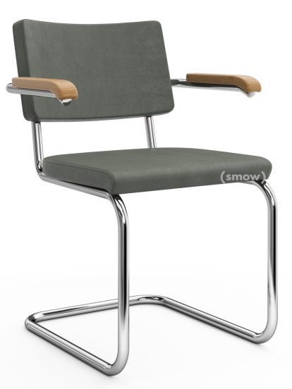 S 64 PV Pure Materials Cantilever Chair, Nubuk Leather green-grey, Oak, Chrome-plated, Black plastic glides with felt