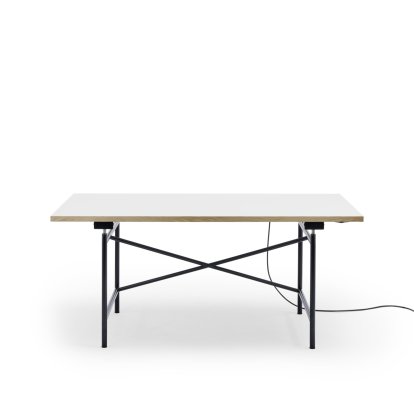 Eiermann 1 E Table (Electric Height Adjustment), White melamine with oak edge, 160 x 80 cm, Black, With cable duct