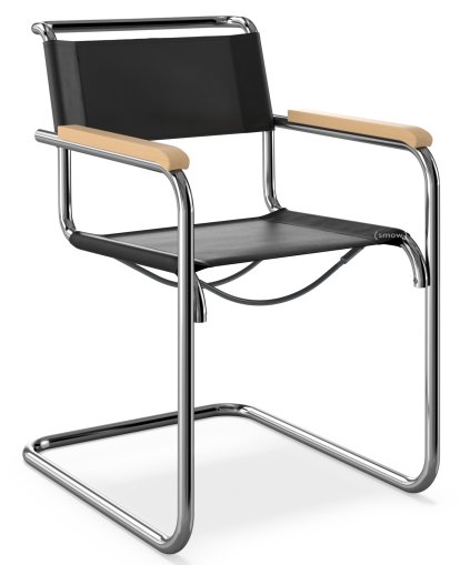 S 33 / S 34 Cantilever Chair, Armrests natural stained beech, Butt leather, Black, No glides