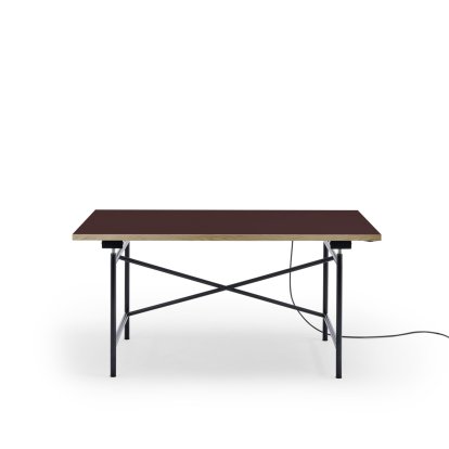 Eiermann 1 E Table (Electric Height Adjustment), Linoleum burgundy (Forbo 4154) with oak edge, 140 x 80 cm, Black, Without cable duct