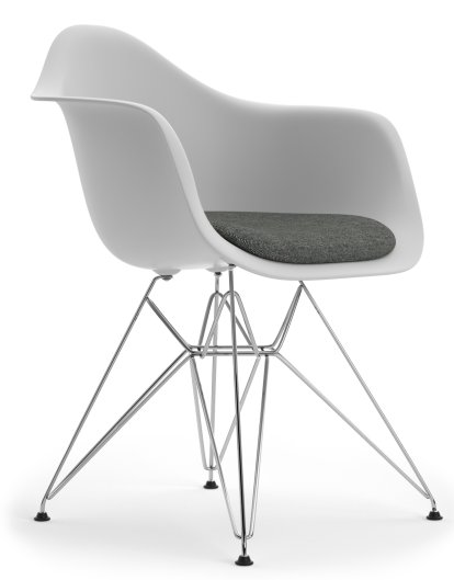 Eames Plastic Armchair DAR, Cotton white, With seat upholstery, Nero / ivory, Standard version - 43 cm, Chrome-plated