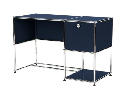 USM Haller Home Office Desk, Steel blue RAL 5011, With cable entry hole, bottom left