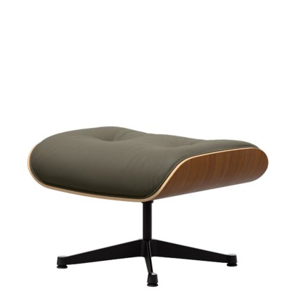 Eames Lounge Chair Ottoman, Walnut, natural, Leather Premium F khaki, Aluminium polished, sides black