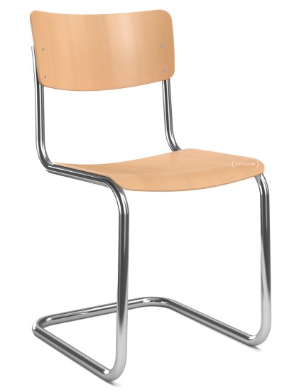 S 43 Classic Cantilever Chair, Chrome-plated frame, Stained beech, Beech, clear varnish, Without seat pad, No glides