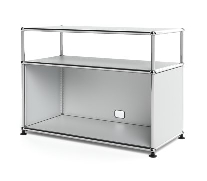 USM Haller Lowboard M with Extension, Customizable, USM matte silver, With drop-down door, With cable entry hole bottom centre
