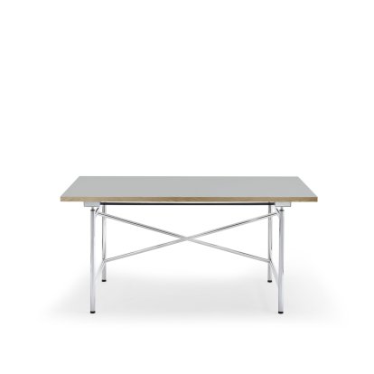 Eiermann 1 M Table (Mechanical Height Adjustment), Linoleum ash grey (Forbo 4132) with oak edge, 140 x 80 cm, Chrome
