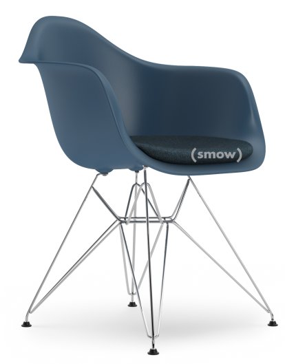 Eames Plastic Armchair DAR, Sea blue, With seat upholstery, Ice blue / moor brown, Standard version - 43 cm, Chrome-plated