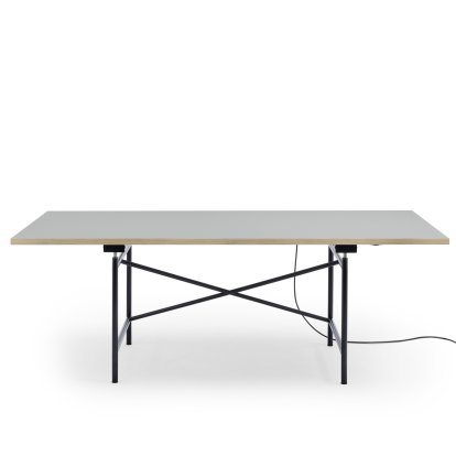 Eiermann 1 E Table (Electric Height Adjustment), Linoleum ash grey (Forbo 4132) with oak edge, 200 x 90 cm, Black, With cable duct