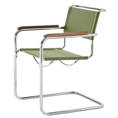 S 33 / S 34 V Soft Cantilever Chair, Armrests oiled walnut, Chrome-plated, Fabric Nobel 68303 - green, No glides