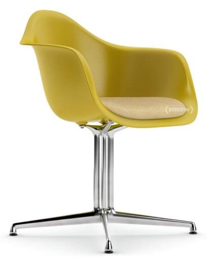 Eames Plastic Armchair DAL, Mustard, With seat upholstery, Mustard / ivory, Aluminium polished, New seat height (43,0 cm)