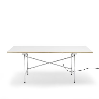 Eiermann 1 E Table (Electric Height Adjustment), White melamine with oak edge, 180 x 90 cm, Chrome, With cable duct