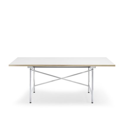 Eiermann 1 M Table (Mechanical Height Adjustment), White melamine with oak edge, 180 x 90 cm, Chrome