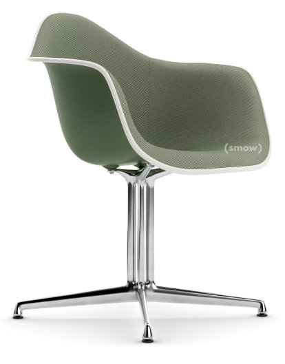 Eames Plastic Armchair DAL, Forest, With full upholstery, Ivory / forest, Aluminium polished, New seat height (43,0 cm)