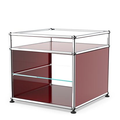 USM Haller Side Table with Extension and Glass Divider Shelf, USM ruby red