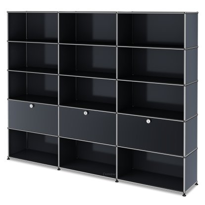 USM Haller Storage Unit XL, Customizable, Anthracite RAL 7016, Open, Open, With 3 drop-down doors, Open