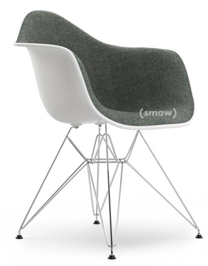 Eames Plastic Armchair DAR, White non-RE, With full upholstery, Nero / ivory, Standard version - 43 cm, Chrome-plated