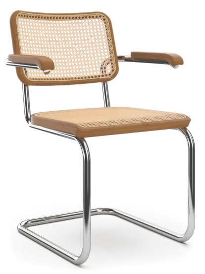 S 64 / S 64 N Cantilever Chair, Cane-work (with supporting mesh underneath seat), Cherry stained beech, No glides