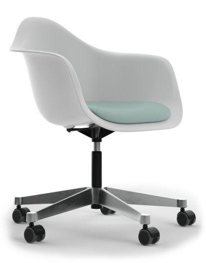 Eames Plastic Armchair PACC, Cotton white, With seat upholstery, Ice blue / ivory