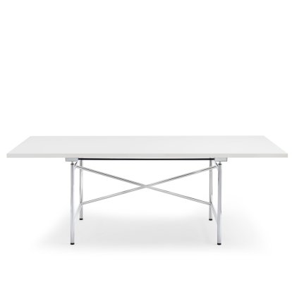 Eiermann 1 M Table (Mechanical Height Adjustment), White melamine with white edge, 200 x 90 cm, Chrome