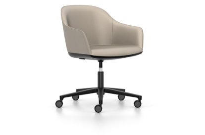 Softshell Armchair with five star base, Aluminum base powder coated basic dark, Leather (Standard), Sand, Hard castors for carpets