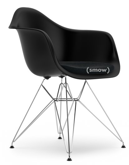 Eames Plastic Armchair DAR, Deep black, With seat upholstery, Nero, Standard version - 43 cm, Chrome-plated
