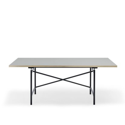 Eiermann 1 M Table (Mechanical Height Adjustment), Linoleum ash grey (Forbo 4132) with oak edge, 180 x 90 cm, Black