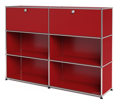 USM Haller Highboard L, Customizable, USM ruby red, With 2 drop-down doors, Open, Open
