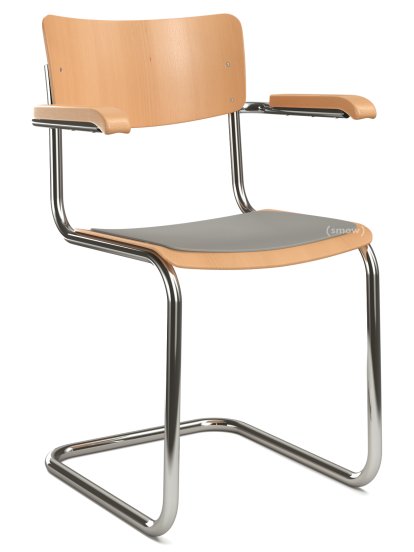 S 43 F Classic Cantilever Chair, Chrome-plated frame, Stained beech, Beech, clear varnish, Seat pad without upholstery light grey melange, No glides