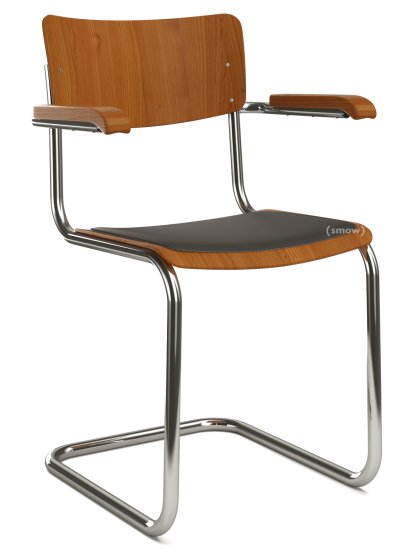S 43 F Classic Cantilever Chair, Chrome-plated frame, Stained beech, Cherry tree, Seat pad with upholstery black, Black plastic glides with felt